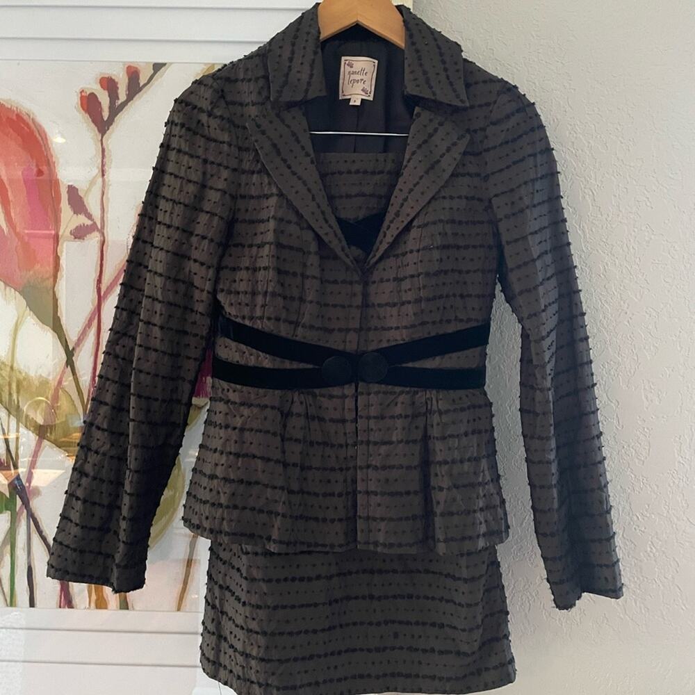 Vintage Nanette Lepore Brown Velvet Suit Blazer Skirt Swiss Dot Twee Preppy
